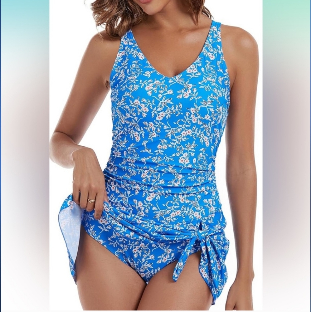 Floral Blue and White One Piece Swimsuit with Skirt Overlay